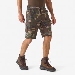 Bermudy outdoor 500 camo woodland. Zielone krótkie spodenki sportowe męskie SOLOGNAC, l, bez wzorów, z bawełny, outdoorowe. Za 79.99 zł.