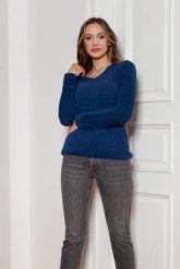 Sweter z Dekoltem w Szpic - Granatowy. Niebieskie swetry damskie Lanti, l, bez wzorów, z materiału, bez kołnierzyka, bez ramiączek, bez kaptura. Za 229.90 zł.