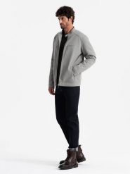 Męska kurtka typu biker z kieszeniami i stójką – szara V3 OM-JALP-0157 - XXL. Szare kurtki męskie Ombre Clothing, l, bez wzorów, z materiału, bez kaptura. W wyprzedaży za 139.99 zł.