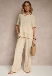 Beżowy Wiskozowy Komplet Oversize z Haftem Koszula i Spodnie Iffussa. Brązowe koszule damskie Renee, na lato, l, bez wzorów, z materiału, eleganckie, bez kołnierzyka, bez ramiączek. Za 109.99 zł.