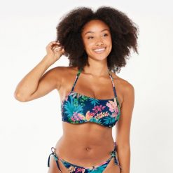 Góra kostiumu kąpielowego surfingowego damska Olaian Laura Borabora. Niebieskie bikini damskie OLAIAN, bez wzorów. W wyprzedaży za 39.99 zł.