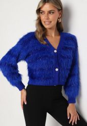 Niebieski Puchaty Kardigan z Wełną z Ozdobnymi Guzikami i Ściągaczami przy Rękawach Mevalisa. Niebieskie kardigany damskie Born2be, s, bez wzorów, z jeansu, eleganckie, bez kołnierzyka, bez ramiączek, długie, bez kaptura. Za 84.99 zł.