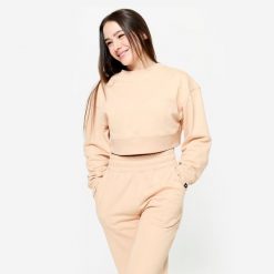 Bluza do treningu siłowego damska Domyos crop. Brązowe obuwie sportowe damskie DOMYOS, bez wzorów, z bawełny, na fitness i siłownię. Za 129.99 zł.