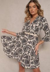 Beżowo-Czarna Bawełniana Sukienka o Rozkloszowanym Kroju w Ornamentalny Print Laniwea. Czarne sukienki damskie Renee, na co dzień, l, bez wzorów, z bawełny, bez kołnierzyka, bez ramiączek, mini, rozkloszowane. Za 39.99 zł.