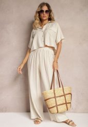 Beżowy 2-Częściowy Komplet z Wiskozy Koszula o Luźnym Kroju Szerokie Spodnie Velvitela. Brązowe koszule damskie Renee, bez wzorów, z materiału. Za 129.99 zł.