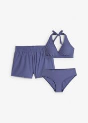 Bikini + szorty kąpielowe (3 części). Niebieskie bikini damskie bonprix, bez wzorów. Za 159.99 zł.