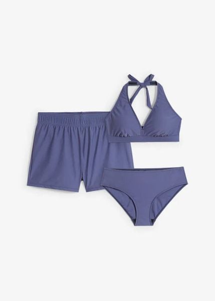 Bikini + szorty kąpielowe (3 części). Szare bikini damskie bonprix, bez wzorów. Za 179.99 zł.