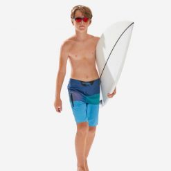 Spodenki surfingowe dla dzieci Olaian 900 Brushy. Niebieskie kąpielówki dla chłopców OLAIAN, bez wzorów, z materiału, klasyczne. Za 69.99 zł.