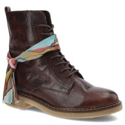 Botki damskie Artiker, skóra naturalna licowa ze sznurowaniem i zapinaniem na suwak z ozdobną apaszką, brązowe, 49C0737. Brązowe szaliki i chusty damskie Artiker, z aplikacjami, ze skóry, boho. Za 279.00 zł.