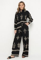 Czarny Komplet z Wiskozy w Stylu Boho Koszula i Spodnie Zdobione Haftem Sarhiris. Czarne koszule damskie Born2be, l, z aplikacjami, z wiskozy, boho, bez kołnierzyka, bez ramiączek. Za 159.99 zł.