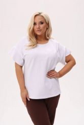Biała basicowa bluzka Fala z falującym rękawem PLUS SIZE XXL OVERSIZE. Białe bluzki damskie Moda Size Plus Iwanek, l, bez wzorów, z bawełny, biznesowe, bez kołnierzyka, plus size, bez ramiączek. Za 149.90 zł.