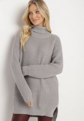Szary Klasyczny Golf Vittara. Szare swetry damskie Born2be, l, z aplikacjami, z jeansu, eleganckie, bez kołnierzyka, bez ramiączek, bez kaptura. Za 74.99 zł.