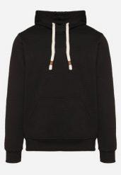 Czarna Bluza z Bawełną Wykończona Kapturem Kangurową Kieszenią i Polarem Padela. Czarne bluzy męskie Born2be, l, bez wzorów, z bawełny, z kapturem. Za 84.99 zł.
