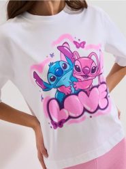 Bawełniana koszulka z krótkim rękawem Lilo & Stitch - biały. Białe t-shirty damskie Sinsay, l, bez wzorów, z bawełny, bez kołnierzyka. Za 29.99 zł.