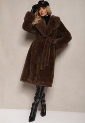 Brązowy Futrzany Płaszcz z Wiązanym Paskiem Ozdobnym Kołnierzem i Mankietami Viaressa. Brązowe płaszcze damskie Renee, l, bez wzorów, z futra, eleganckie, długie, bez kaptura. Za 269.99 zł.