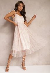 Różowa Taliowana Sukienka w Kwiaty Ozdobiona Ramiączkami z Wiązaniem Coradea. Czerwone sukienki damskie Renee, na co dzień, bez wzorów, z tkaniny, eleganckie, bez kołnierzyka, bez ramiączek, midi. Za 169.99 zł.