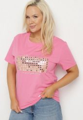 Różowy T-shirt Bawełniany Ozdobiony Cekinami Lirenell. Czerwone bluzki damskie Born2be, xl, bez wzorów, z bawełny, biznesowe, bez kołnierzyka. Za 39.99 zł.