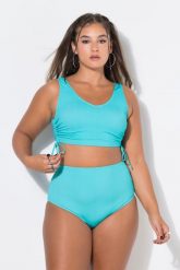 Damski Top bikini miękkie miseczki tasiemki do marszczenia po bokach. Zielone topy damskie Ulla Popken, plus size, bez wzorów, z elastanu, bez kołnierzyka, bez ramiączek. Za 139.99 zł.