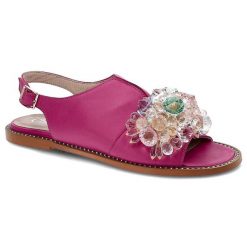 Różowe Sandały Chebello Eleganckie Skórzane Buty. Czerwone klapki damskie CheBello, z aplikacjami, ze skóry, eleganckie, bez obcasa, na płaskiej podeszwie. Za 289.00 zł.