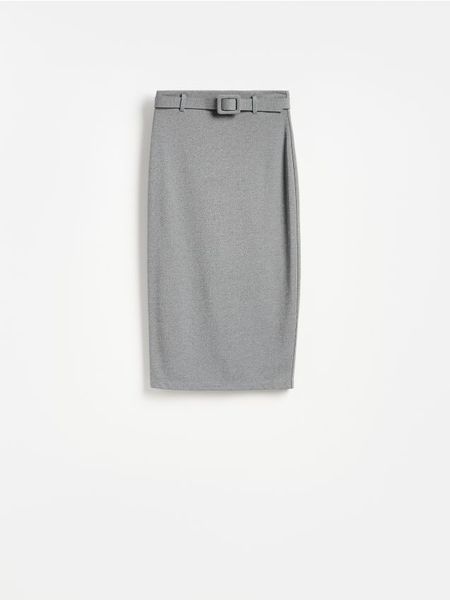 Spódnica midi z paskiem - jasnoszary. Szare spódnice damskie Reserved, l, bez wzorów, z dzianiny, midi, ołówkowe. W wyprzedaży za 65.99 zł.