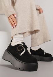 Czarne Śniegowce na Grubej Podeszwie z Paskiem z Klamerką i Futerkiem Uwedina. Czarne śniegowce i trapery damskie Born2be, z jeansu. Za 129.99 zł.