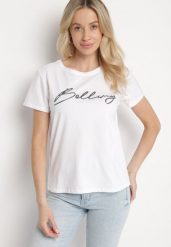 Biały Bawełniany T-shirt z Ozdobnym Napisem Virretis. Białe bluzki damskie Born2be, m, bez wzorów, z bawełny, klasyczne, bez kołnierzyka. Za 34.99 zł.
