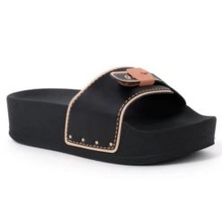 Klapki turystyczne damskie Scholl Pescura Moon Wedge. Czarne klapki damskie Scholl, bez wzorów, z materiału, eleganckie, bez obcasa, na koturnie. Za 187.04 zł.