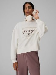 4F Bluza dresowa loose bez kaptura damska - kremowa XS. Białe bluzy damskie 4f, xs, bez wzorów, z dresówki, klasyczne, bez kołnierzyka, bez ramiączek, bez kaptura. Za 149.99 zł.