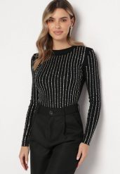 Czarny Dzianinowy Sweter z Okrągłym Dekoltem Ozdobiony Paskami z Cyrkoniami Faweni. Czarne swetry damskie Born2be, m, bez wzorów, z dzianiny, eleganckie, bez kołnierzyka, bez ramiączek, bez kaptura. Za 139.99 zł.