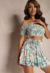 Zielono-Beżowy Bawełniany Komplet Bluzka Hiszpanka Szorty High Waist z Falbankami Testamara. Zielone bluzki damskie Renee, m, bez wzorów, z bawełny, bez kołnierzyka, bez ramiączek. Za 39.99 zł.