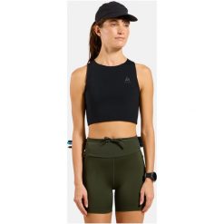 Koszulka tech. bez rękawów damska ODLO Tank crop X-ALP TRAIL CARGO. Czarne koszulki sportowe damskie Odlo, l, bez wzorów, z elastanu, bez kołnierzyka, bez ramiączek, do biegania. Za 359.99 zł.
