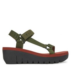 Sandały Fly London. Zielone sandały damskie Fly London, bez wzorów, bez obcasa, na koturnie, bez zapięcia. Za 463.99 zł.
