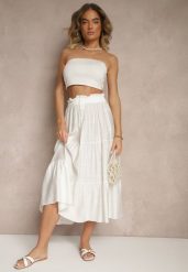 Biała Rozkloszowana Spódnica z Wiskozy Ozdobiona Wiązaniem Elliressa. Białe spódnice damskie Renee, l, bez wzorów, z wiskozy, eleganckie, midi, proste. Za 29.99 zł.