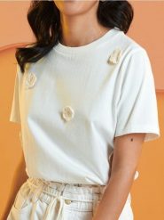 Koszulka - kremowy. Białe t-shirty damskie Sinsay, l, bez wzorów, z bawełny, bez kołnierzyka. Za 25.99 zł.