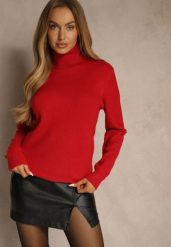 Czerwony Casualowy Golf z Bawełną i Wełną Reillisa. Czerwone swetry damskie Renee, bez wzorów, z bawełny, bez kołnierzyka, bez ramiączek, bez kaptura. Za 69.99 zł.