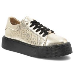 Sneakersy damskie Filippo, skórzane licowe na grubej platformie z okrągłym noskiem sznurowane, złote, DP6119-25-GO. Żółte półbuty damskie Filippo, bez wzorów, z materiału, klasyczne, z okrągłym noskiem, bez obcasa, na platformie, bez zapięcia. Za 159.00 zł.