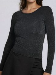 Bluzka z metalizowaną nitką - czarny. Czarne bluzki damskie Sinsay, l, bez wzorów, bez kołnierzyka, bez ramiączek. Za 29.99 zł.