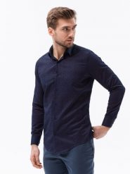 Koszula męska we wzór paisley REGULAR FIT - granatowo-czerwona. Niebieskie koszule męskie Ombre Clothing, m, bez wzorów, z bawełny, klasyczne, bez kołnierzyka, bez ramiączek. W wyprzedaży za 39.99 zł.