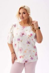 Bluzka Spring z krótkim rękawem i lekką bufką w kolorze ecru w kwiaty PLUS SIZE XXL. Czerwone bluzki damskie Moda Size Plus Iwanek, plus size, bez wzorów, z elastanu, biznesowe, bez kołnierzyka, plus size, bez ramiączek. Za 169.90 zł.