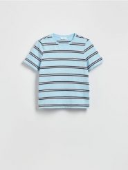 T-shirt w paski - jasnoniebieski. Niebieskie t-shirty damskie Reserved, l, bez wzorów, z bawełny, bez kołnierzyka. W wyprzedaży za 25.99 zł.