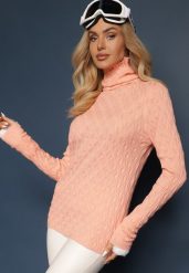 Pomarańczowy Golf z Wiskozą w Tłoczony Wzór Przeszyty Metaliczną Nitką Neldora. Brązowe swetry damskie Renee, na zimę, bez wzorów, z jeansu, eleganckie, bez kołnierzyka, bez ramiączek, bez kaptura. Za 79.99 zł.