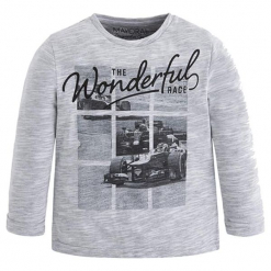 Koszulka w kolorze szarym. Szare t-shirty dla chłopców marki Mayoral, z nadrukiem, z długim rękawem. W wyprzedaży za 44.95 zł.