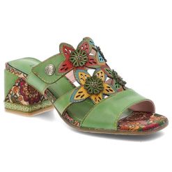 Klapki damskie Laura Vita, cholewka skóra naturalna kwiatowe aplikacje wsuwany fason otwarty nosek stabilny obcas miękka wkładka, zielone, Jacqueso 0. Zielone klapki damskie Laura Vita, z aplikacjami, ze skóry, bez obcasa, na obcasie, bez zapięcia. Za 309.00 zł.