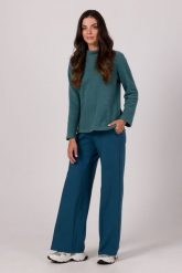 Prosta Bluza z Wysokim Kołnierzem - Turkusowa. Niebieskie bluzki damskie MOE, l, bez wzorów, z bawełny, bez kaptura. Za 254.90 zł.
