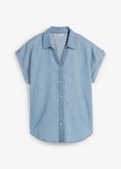 Bluzka dżinsowa z krótkim rękawem, z domieszką lnu. Niebieskie bluzki damskie bonprix, bez wzorów, bez kołnierzyka, bez ramiączek. Za 124.99 zł.