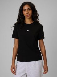 4F T-shirt regular gładki damski - czarny M. Czarne koszulki sportowe damskie 4f, m, bez wzorów, z materiału, bez kołnierzyka, bez ramiączek, na fitness i siłownię. Za 49.99 zł.