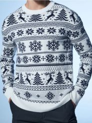 Sweter z motywem świątecznym - kremowy. Białe swetry przez głowę męskie Sinsay, l, bez wzorów, bez kołnierzyka. Za 79.99 zł.