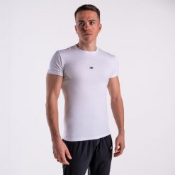 Koszulka slim basic DZIK® biała. Białe koszulki sportowe męskie DZIK, m, bez wzorów, bez kołnierzyka, bez ramiączek. Za 139.99 zł.
