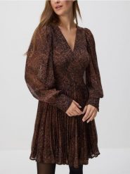 Wzorzysta sukienka mini - ciemnobrązowy. Brązowe sukienki damskie Reserved, l, bez wzorów, z tkaniny, bez kołnierzyka, bez ramiączek, mini, rozkloszowane. Za 139.99 zł.