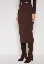 Brązowa Ołówkowa Spódnica z Wiskozą Zdobiona Rozcięciem i Paskiem Rowedela. Brązowe spódnice damskie Born2be, m, z aplikacjami, z wiskozy, eleganckie, midi, koszulowe. Za 79.99 zł.